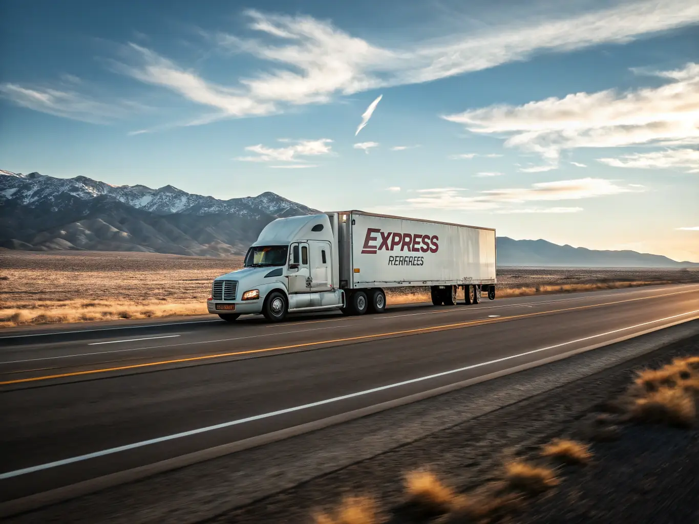 A delivery truck speeding down a highway, with a package visible in the driver's seat, emphasizing fast and reliable shipping.