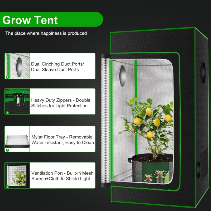 Premium Grow Tent, 16"x16"x48" High Reflective Mylar with Multi-Chamber and Floor Tray for Hydroponic Houseplants - Image 2